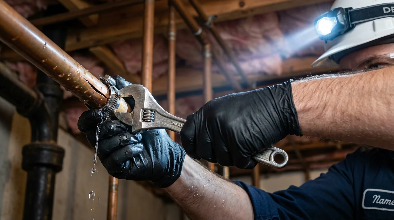 Emergency pipe clamp repair being performed by a Johns Plumbing LLC plumber in Brush Prairie