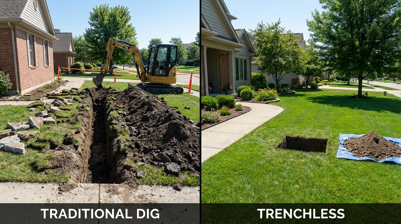 Trenchless sewer repair with minimal yard damage versus traditional excavation in Brush Prairie, WA