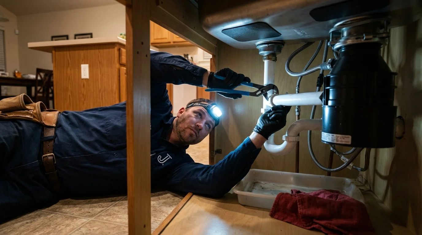 P-trap and supply line connections under a kitchen sink showing a common leak point in Brush Prairie, WA